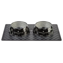 Load image into Gallery viewer, Black Checker Chewy Vuiton Dog Bowl Set – 2 Piece