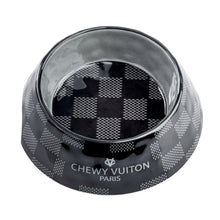 Load image into Gallery viewer, Black Checker Chewy Vuiton Dog Bowl Set – 2 Piece