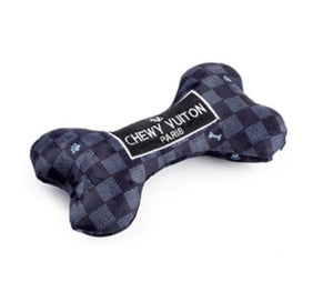 Black Checker Chewy Vuiton Bone Squeaker Dog Toy