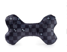 Load image into Gallery viewer, Black Checker Chewy Vuiton Bone Squeaker Dog Toy
