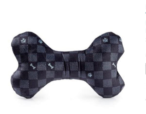 Black Checker Chewy Vuiton Bone Squeaker Dog Toy