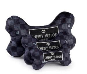 Black Checker Chewy Vuiton Bone Squeaker Dog Toy