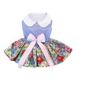 Blue and White Pastel Pearls Floral Dress with Matching Leash