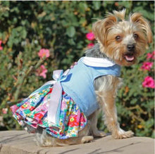 Load image into Gallery viewer, Blue and White Pastel Pearls Floral Dress with Matching Leash
