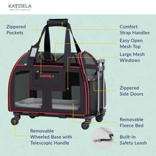 Load image into Gallery viewer, KATZIELA® Luxury Rider PRO Pet Carrier with Removable Wheels &amp; Double Telescopic Handle (Black &amp; Red)
