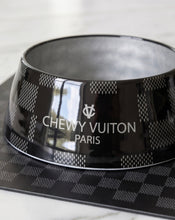 Load image into Gallery viewer, Black Checker Chewy Vuiton Dog Bowl Set – 2 Piece
